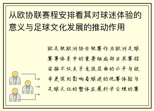 从欧协联赛程安排看其对球迷体验的意义与足球文化发展的推动作用